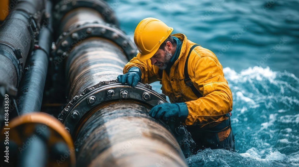 A technician performing maintenance on a tidal energy system near the ocean, Tidal Power, Renewable and natural