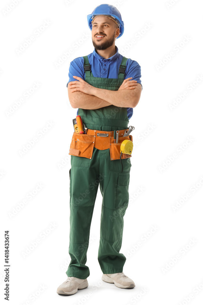 Happy male construction worker in hardhat with professional tools isolated on white background Happy male construction worker in hardhat with professional tools isolated on white background