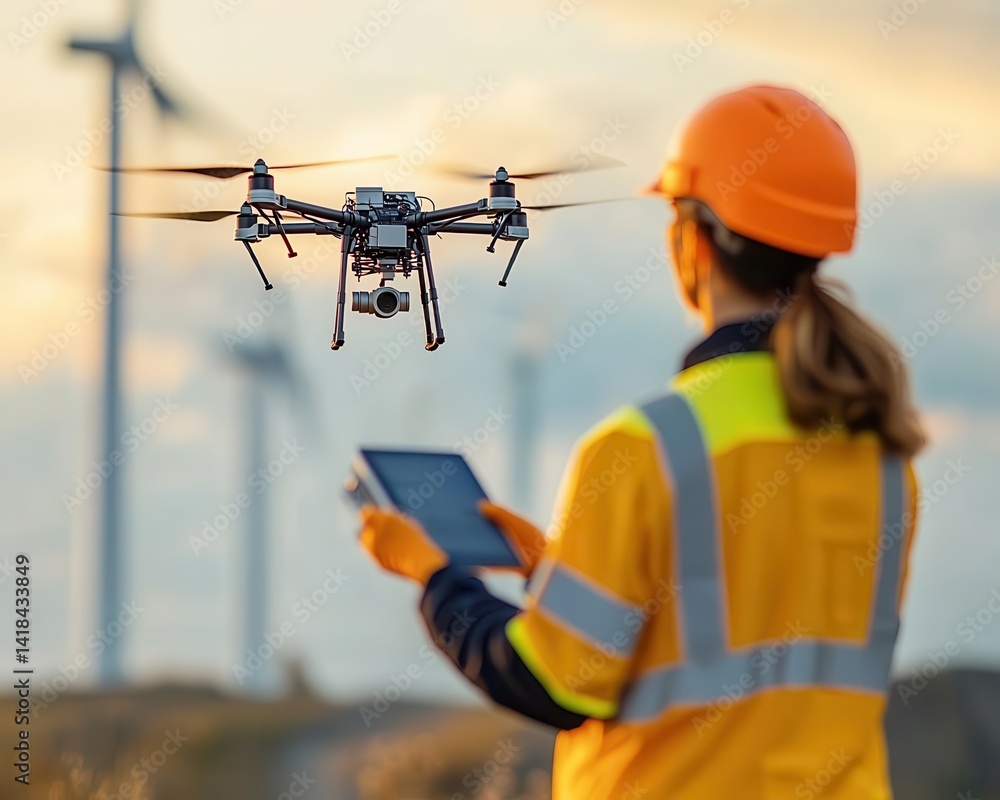 A technician using a drone to inspect a wind turbine, Wind Energy, Modern and efficient