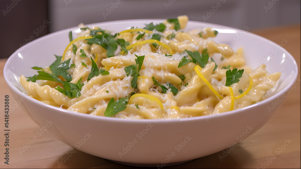 Twisted Trofie Pasta with Lemon, Fresh Herbs, and Grated Cheese in a White Bowl on Wooden Table Twisted Trofie Pasta with Lemon, Fresh Herbs, and Grated Cheese in a White Bowl on Wooden Table