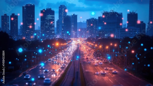 A wideangle shot of a bustling city equipped with smart city technologies, Smart City, Advanced and interconnected