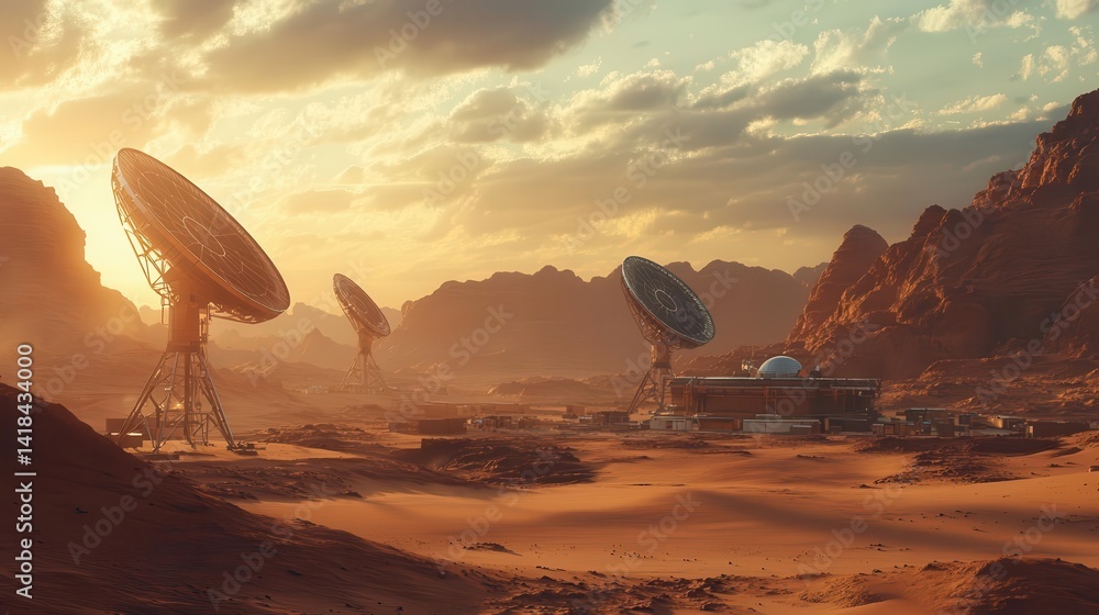 A wideangle shot of a satellite communications station in a desert landscape, Satellite Technology, Vast and interconnected