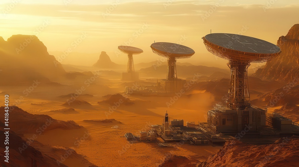 A wideangle shot of a satellite communications station in a desert landscape, Satellite Technology, Vast and interconnected