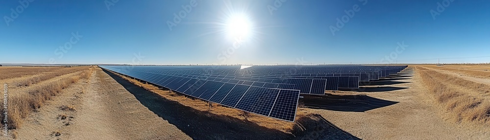A wideangle shot of a solar energy farm with rows of solar panels under a bright sky, Solar Energy, Sustainable and powerful