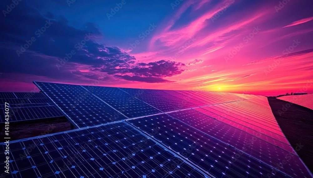 A wideangle shot of a solar farm in a desert landscape, Solar Energy, Vast and renewable