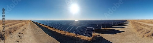 Obraz na płótnie A wideangle shot of a solar energy farm with rows of solar panels under a bright sky, Solar Energy, Sustainable and powerful w salonie