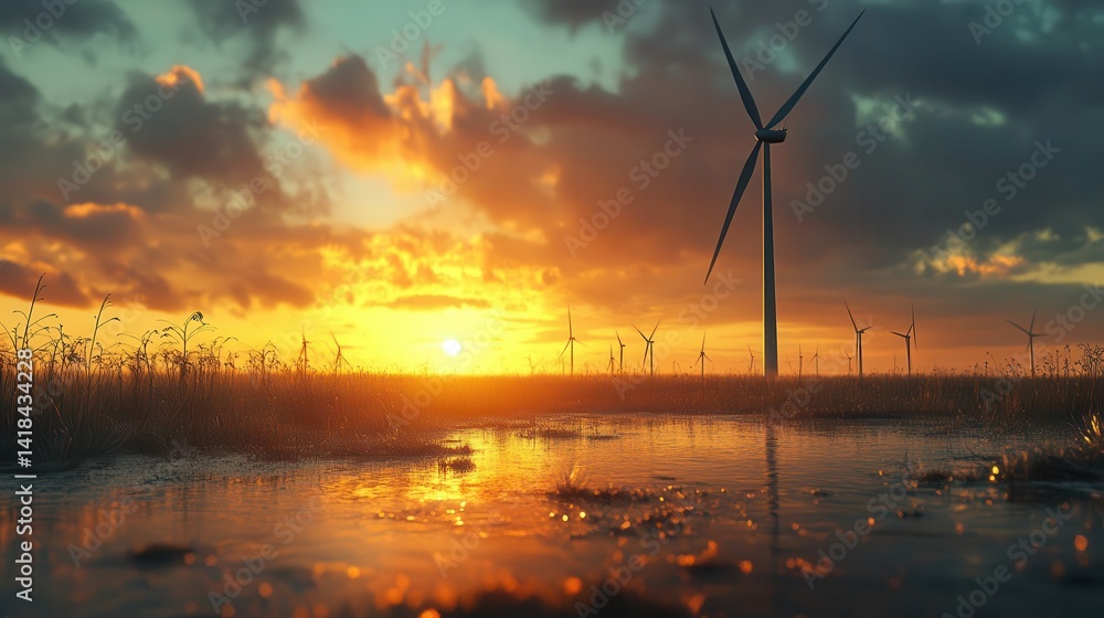 A wideangle view of a wind farm in a rural area at sunset, Wind Energy, Powerful and renewable