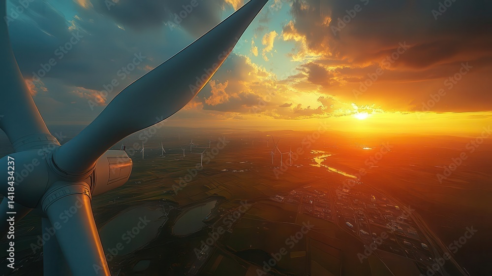 A wideangle view of a wind farm in a rural area at sunset, Wind Energy, Powerful and renewable