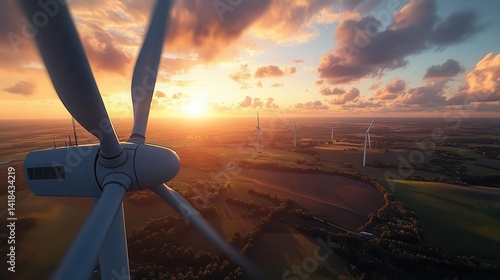 A wideangle view of a wind farm in a rural area at sunset, Wind Energy, Powerful and renewable