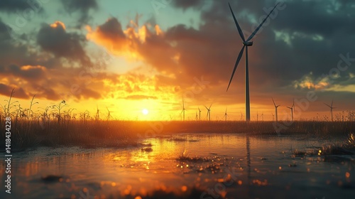 Obraz na płótnie A wideangle view of a wind farm in a rural area at sunset, Wind Energy, Powerful and renewable w salonie