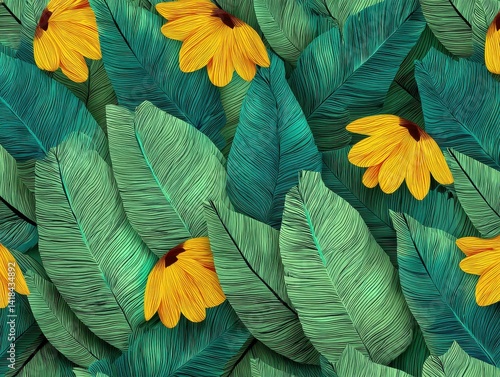 Tropical flora showcases a vibrant pattern of lush green leaves and bright yellow flowers, creating a vivid and natural scene.