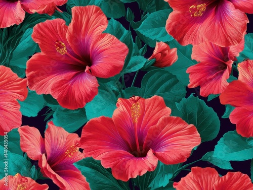 Wallpaper Mural A lush pattern of vibrant red flowers and rich, dark green leaves creates an intricate and captivating tropical aesthetic. Torontodigital.ca