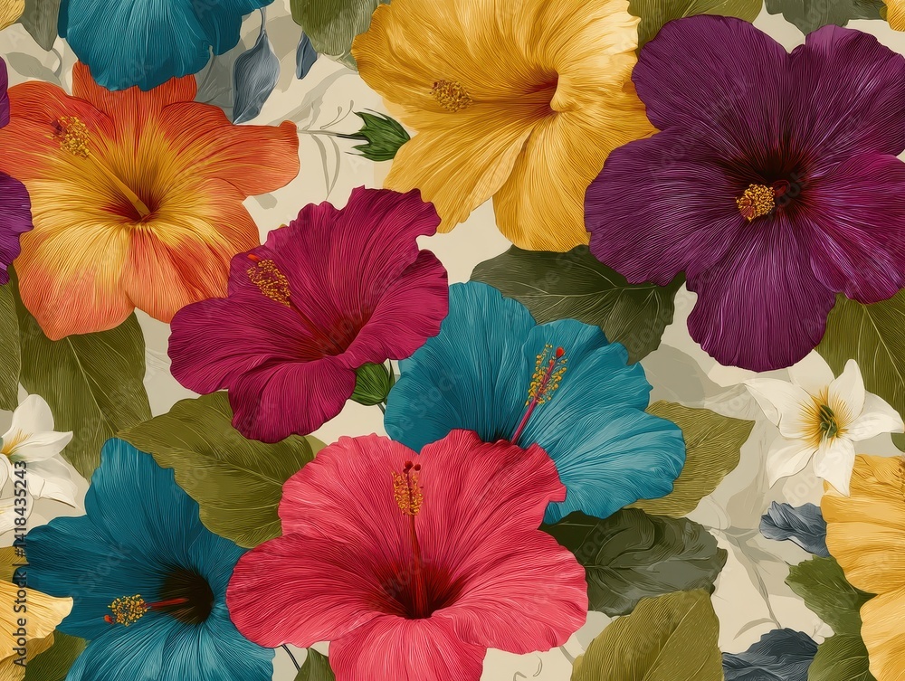 custom made wallpaper toronto digitalVibrant floral arrangement featuring large, colorful hibiscus flowers and foliage in an intricate, decorative pattern.