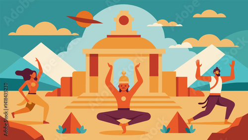 In the land of Helion adventurers must complete a series of yoga poses in order to gain access to the sacred temple and its powerful treasure.. Vector illustration
