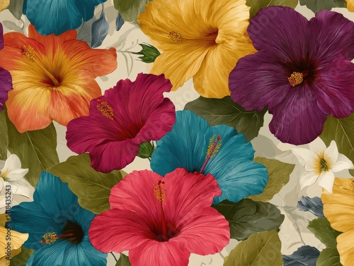 Vibrant floral arrangement featuring large, colorful hibiscus flowers and foliage in an intricate, decorative pattern.