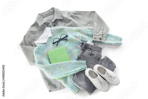 Obraz na płótnie Composition with stylish children's clothes, shoes, eyeglasses and book on white background w salonie