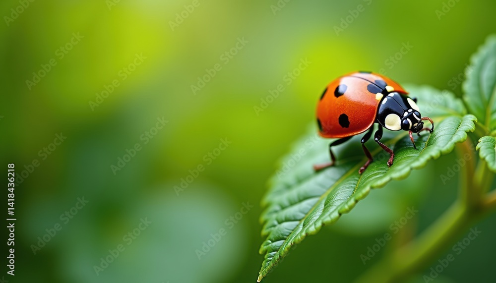 Ladybug perched on a green leaf in a vibrant garden background Ladybug perched on a green leaf in a vibrant garden background