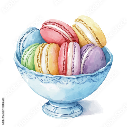 Bowl Of Colorful Macarons, watercolor vector, isolated on a white background.