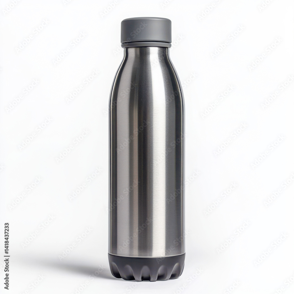 Metal water bottle with gray cap on white background Metal water bottle with gray cap on white background