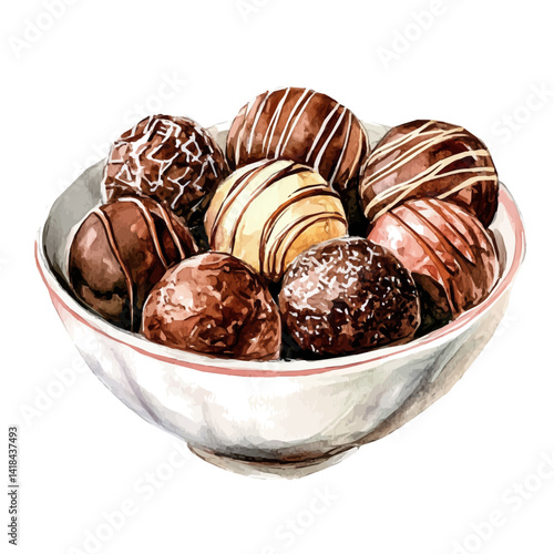 illustration of Bowl Of Chocolate Truffles With A Rich Ganache, watercolor vector, isolated on a white background.