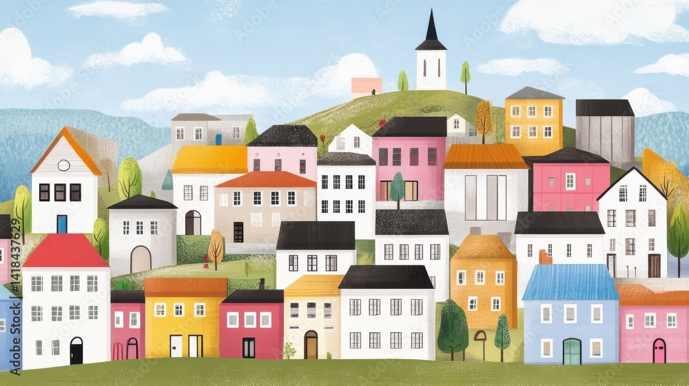 Naklejka premium A colorful hillside village with pastel homes a church steeple and whimsical trees under a cloudy sky