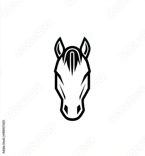 Stylized black and white illustration of a horse, head shown from the front, directly facing the.