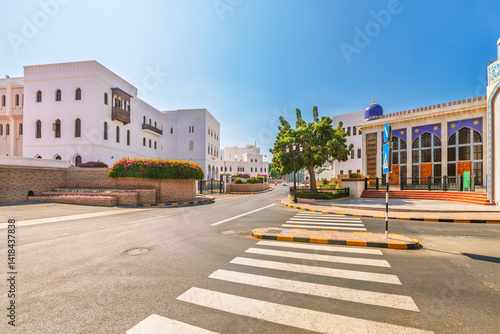 Bab Al Muthaib street outside the Al Alam Palace and Masjid Al Khor mosque in Muscat, Oman.