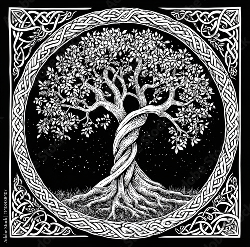 Illustration of a tree of life with celtic knotwork border in black and white