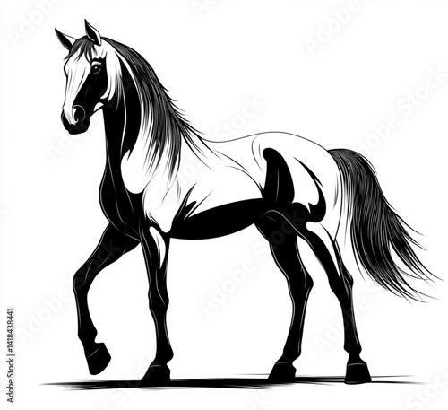 Black and white artistic illustration, of a horse standing gracef on a plain white background.