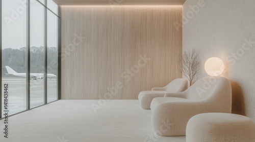 Modern airport lounge with natural wood paneling and comfortable seating.  Spacious waiting area with panoramic window views of a plane and landscape.  Calm and tranquil atmosphere
