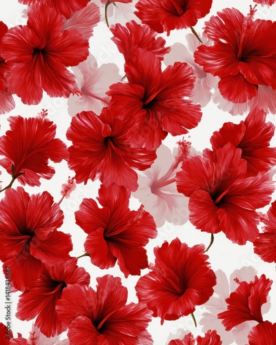 Vibrant Red Hibiscus Flowers Seamless Pattern: A Captivating Floral Design with Lush Blossoms and a Bright, Energetic Aesthetic.