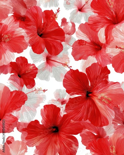 A vibrant display of hibiscus flowers in shades of red and white, creating a lively and artistic floral arrangement. Botanical beauty.