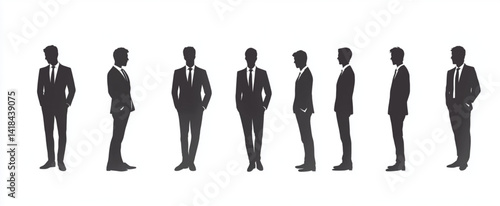 Silhouettes of men in suits standing in various poses against a white backdrop