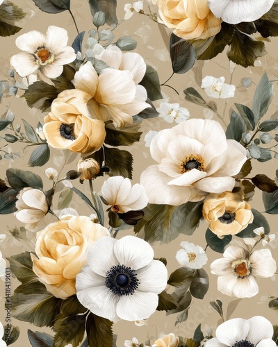 Floral pattern featuring white and yellow blossoms with deep green leaves against a neutral backdrop. A romantic and artistic design.
