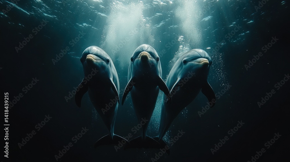 Fototapeta premium Three Dolphins Swimming Underwater, Oceanic Sunlight