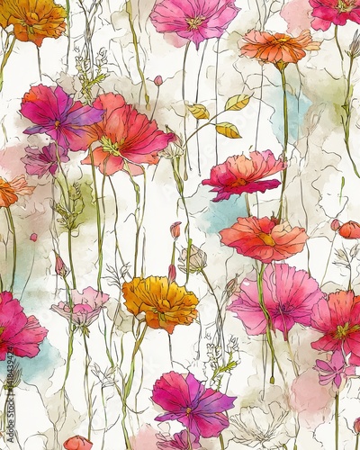 Vibrant floral pattern with orange, pink, and yellow blossoms. A lively design evoking the beauty of a watercolor meadow.