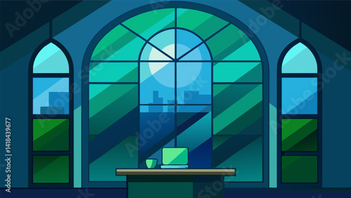 A stained glass window in a thes office featuring shades of blue and green to promote a sense of calm and balance.. Vector illustration