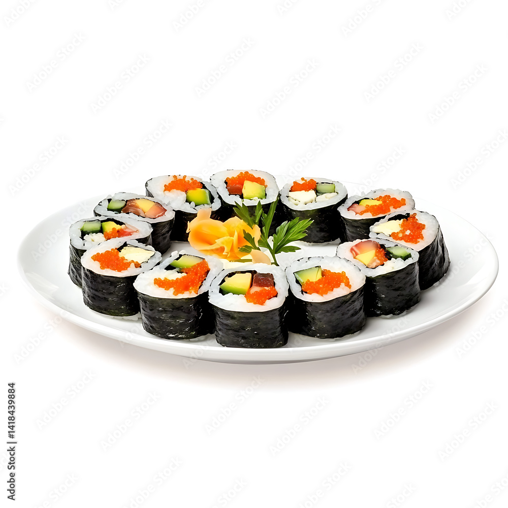 Sushi rolls, isolated white background, hyperrealism art style Sushi rolls, isolated white background, hyperrealism art style
