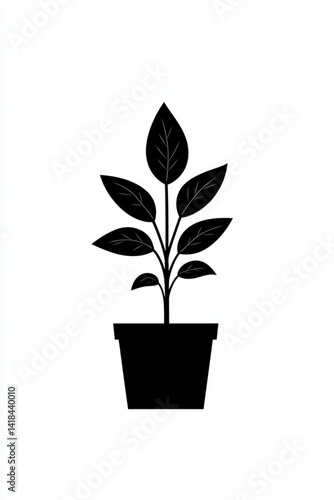 A black silhouette of a potted plant with leaves on a white background artful