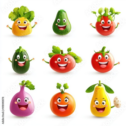Wallpaper Mural A collection of nine cheerful cartoon vegetables including tomatoes, zucchini, turnips, and pears playfully posed on a white background. Torontodigital.ca