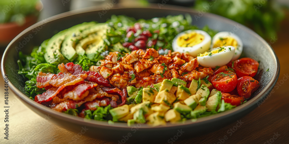 Cobb salad presented in a vibrant and fresh arrangement with an assortment of toppings ready for enjoyment Cobb salad presented in a vibrant and fresh arrangement with an assortment of toppings ready for enjoyment