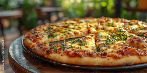Indulgent four cheese pizza served on a wooden table in a cozy dining environment