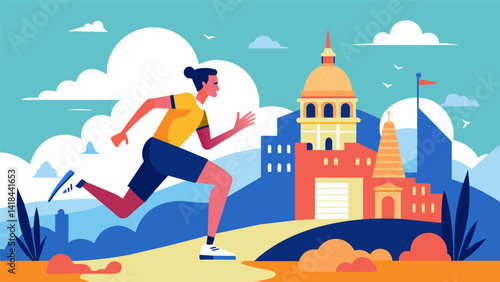 Racing through a fictional city inspired by reallife locations the runner catches glimpses of iconic architecture and landmarks as they push. Vector illustration