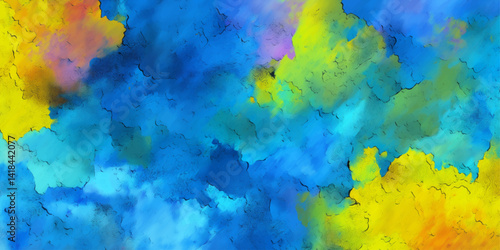 Vibrant Abstract Painting with Blue, Yellow, and Green Hues, Expressing Colorful Mood