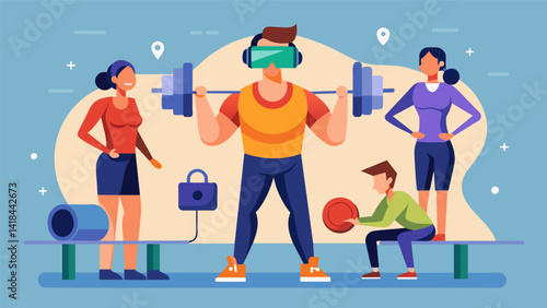 An innovative VR strength and conditioning coach leads clients through workouts that incorporate both physical and mental conditioning helping them. Vector illustration