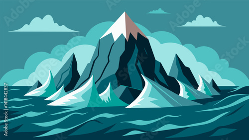 A rugged jagged mountain range juts out from a turbulent sea depicting the artists inner turmoil and struggle.. Vector illustration
