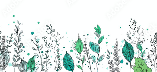 Hand Drawn Botanical Illustration with Leaves and Twigs in Green and Black on White