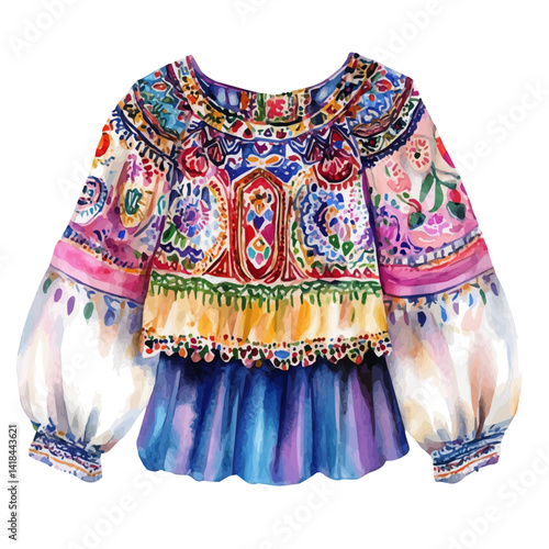 Bohemian-style Blouse With Embroidery, watercolor vector, isolated on a white background.