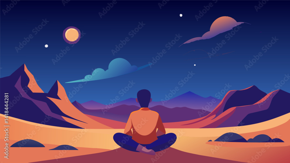 A peaceful stargazing experience in the desert as you take deep breaths and appreciate the vastness of the universe putting any stressful thoughts. Vector illustration A peaceful stargazing experience in the desert as you take deep breaths and appreciate the vastness of the universe putting any stressful thoughts. Vector illustration