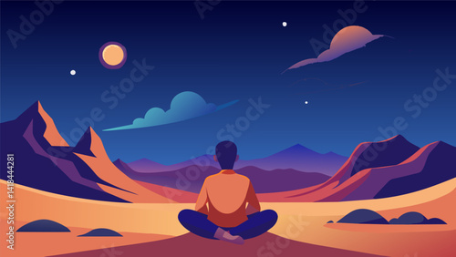 A peaceful stargazing experience in the desert as you take deep breaths and appreciate the vastness of the universe putting any stressful thoughts. Vector illustration